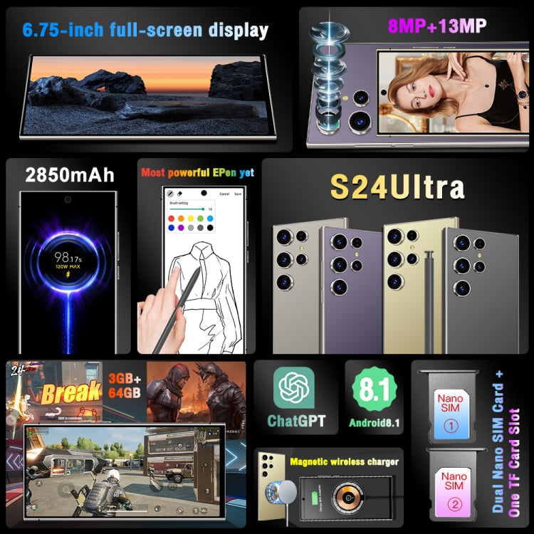 S24 Ultra / L26A, 6.75 inch Screen, Android 8.1 MTK6753 Octa Core, Network: 4G, Dual SIM, 3GB+64GB