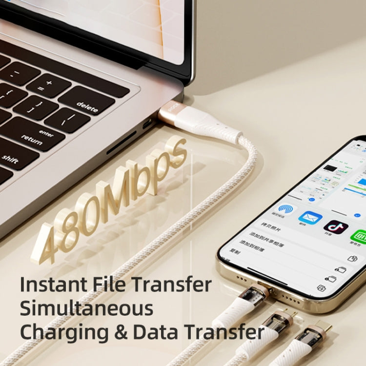 ROCK G20 Two to Three 5A USB+Type-C to 8 Pin+Type-C+Micro USB Fast Charging Data Cable, Length: 1.5m(Beige)