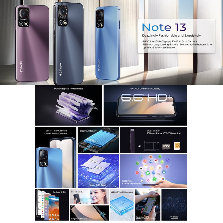 [HK Warehouse] HOTWAV Note 13, 4GB+128GB, Side Fingerprint Identification, 6.6 inch Android 13 T606 Octa Core up to 1.6GHz, Network: 4G, OTG(Violet)