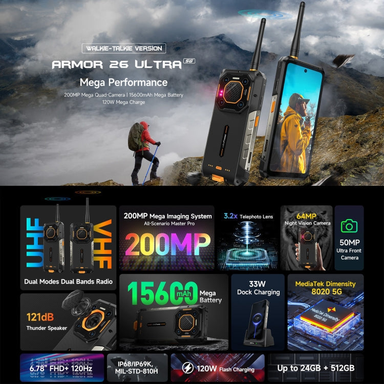 [HK Warehouse] Ulefone Armor 26 Ultra Walkie-Talkie Version Rugged Phone, 12GB+512GB, 6.78 inch Android 13 MediaTek Dimensity 8020 Octa Core, Network: 5G, NFC(Black)