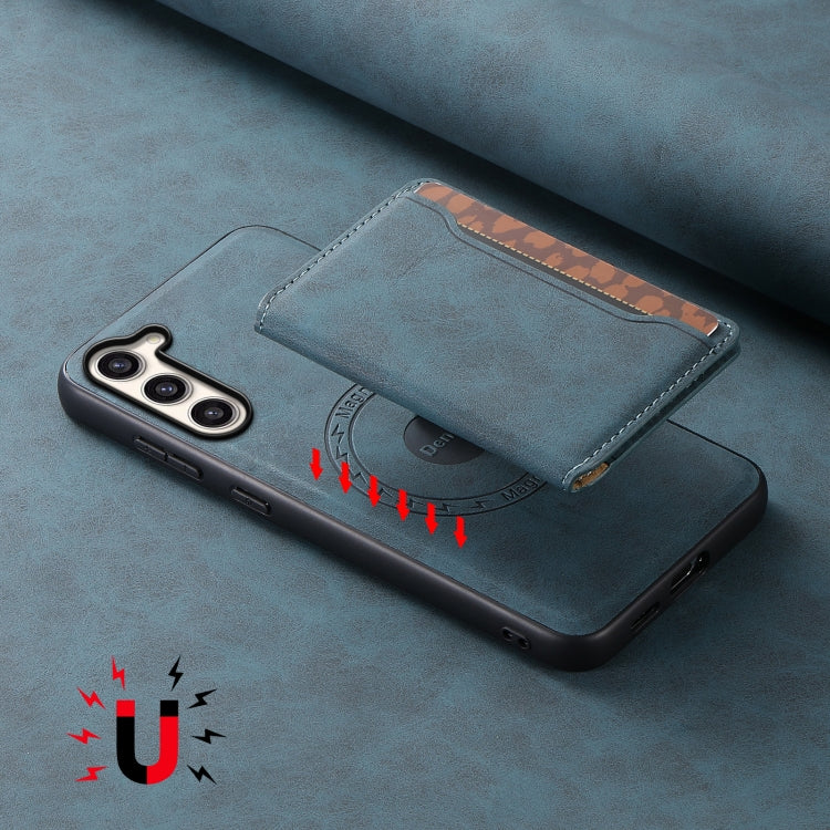 For Samsung Galaxy S23+ 5G Denior D13 Retro Texture Leather MagSafe Card Bag Phone Case(Blue)