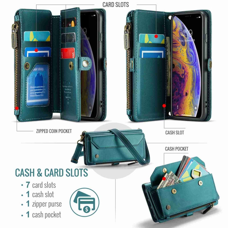 For iPhone XS Max CaseMe C36 Card Slots Zipper Wallet RFID Anti-theft Leather Phone Case(Blue-green)
