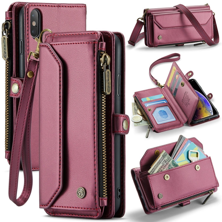 For iPhone XS Max CaseMe C36 Card Slots Zipper Wallet RFID Anti-theft Leather Phone Case(Wine Red)