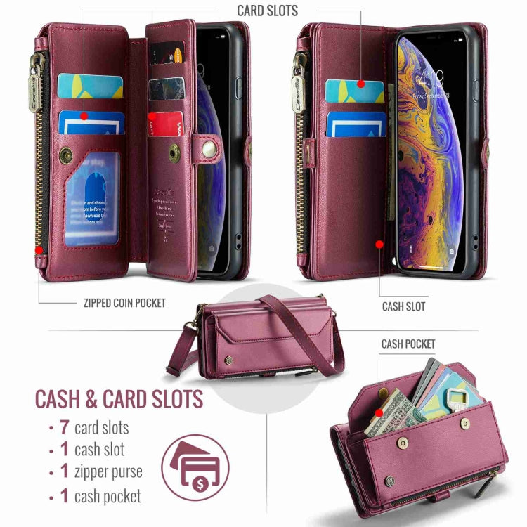 For iPhone XS Max CaseMe C36 Card Slots Zipper Wallet RFID Anti-theft Leather Phone Case(Wine Red)