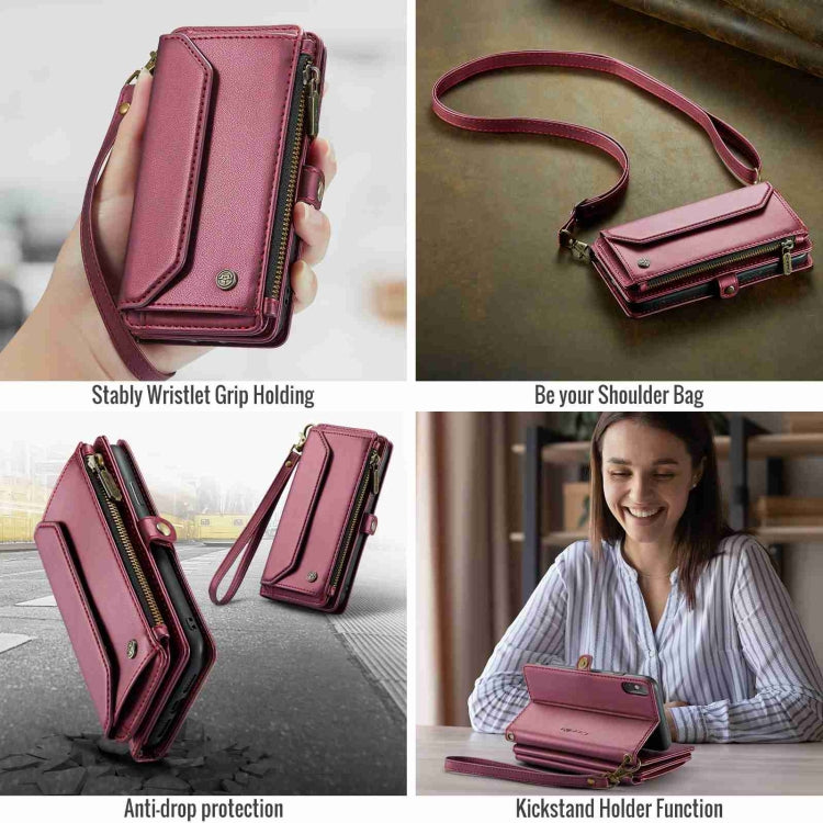 For iPhone XS Max CaseMe C36 Card Slots Zipper Wallet RFID Anti-theft Leather Phone Case(Wine Red)