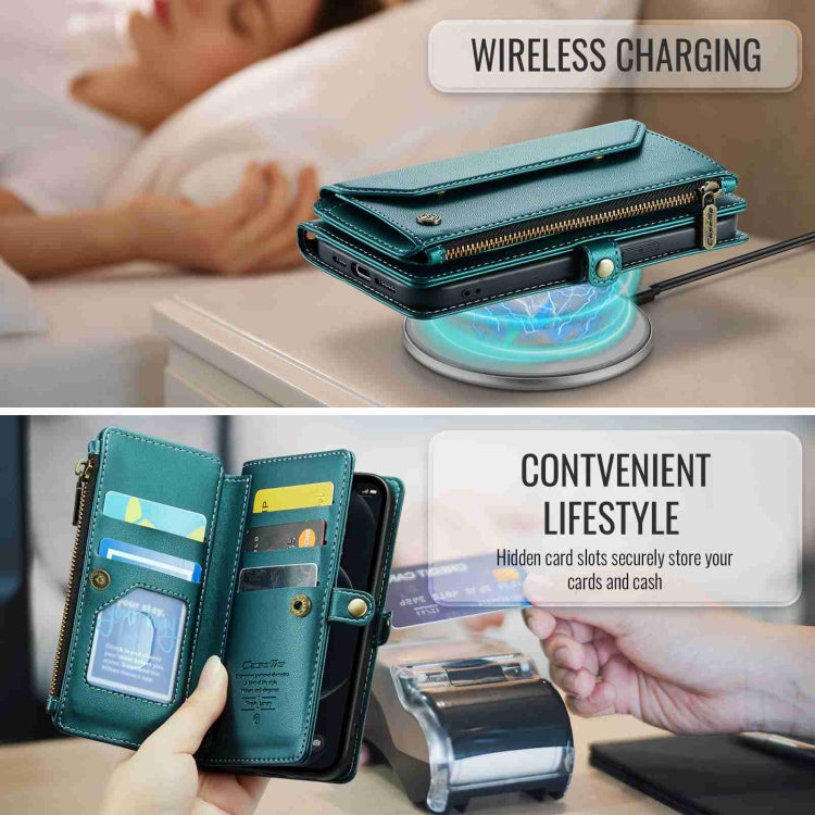For iPhone 12 Pro CaseMe C36 Card Slots Zipper Wallet RFID Anti-theft Leather Phone Case(Blue-green)