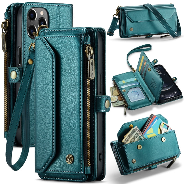 For iPhone 12 Pro Max CaseMe C36 Card Slots Zipper Wallet RFID Anti-theft Leather Phone Case(Blue-green)