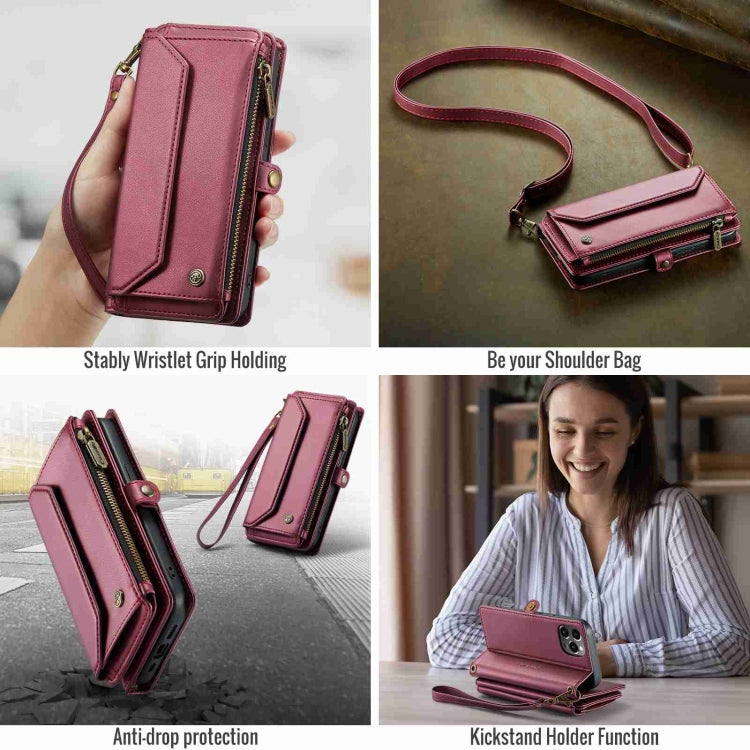 For iPhone 12 Pro Max CaseMe C36 Card Slots Zipper Wallet RFID Anti-theft Leather Phone Case(Wine Red)