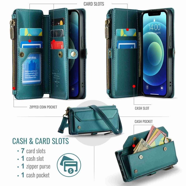For iPhone 12 CaseMe C36 Card Slots Zipper Wallet RFID Anti-theft Leather Phone Case(Blue-green)