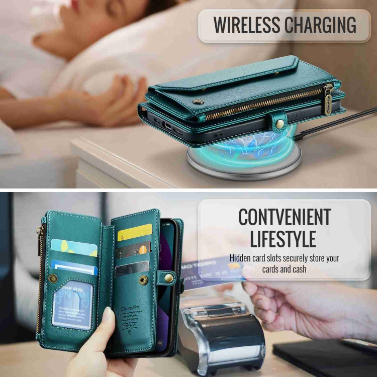 For iPhone 13 CaseMe C36 Card Slots Zipper Wallet RFID Anti-theft Leather Phone Case(Blue-green)
