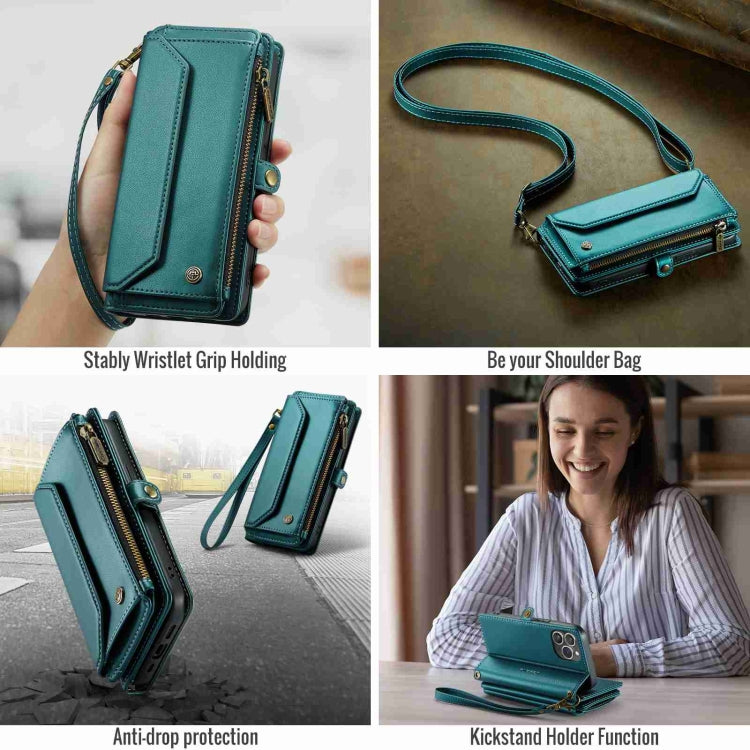 For iPhone 13 Pro Max CaseMe C36 Card Slots Zipper Wallet RFID Anti-theft Leather Phone Case(Blue-green)