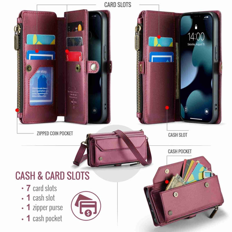 For iPhone 13 Pro Max CaseMe C36 Card Slots Zipper Wallet RFID Anti-theft Leather Phone Case(Wine Red)