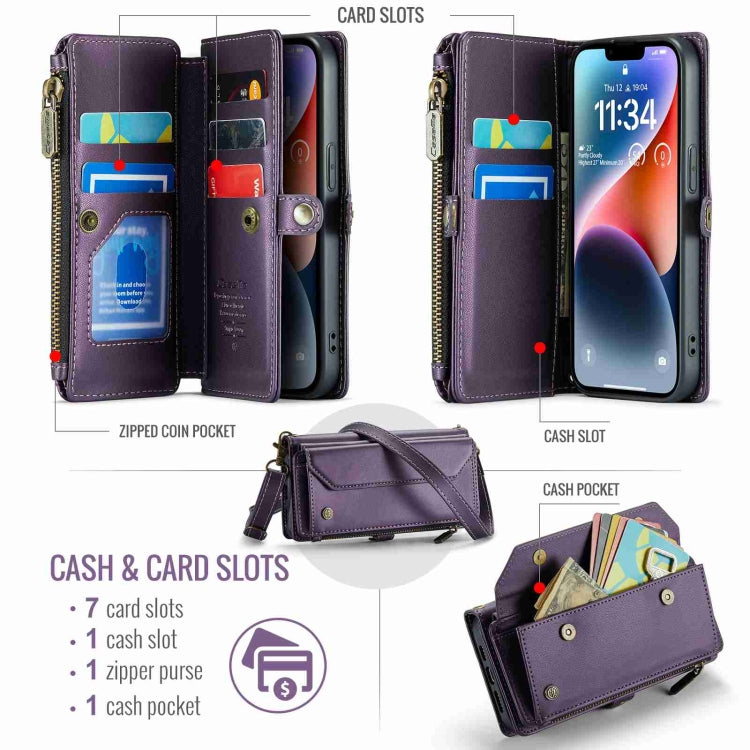 For iPhone 14 Plus CaseMe C36 Card Slots Zipper Wallet RFID Anti-theft Leather Phone Case(Purple)