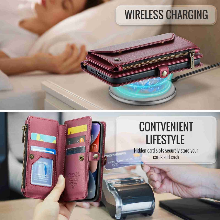 For iPhone 14 Plus CaseMe C36 Card Slots Zipper Wallet RFID Anti-theft Leather Phone Case(Wine Red)