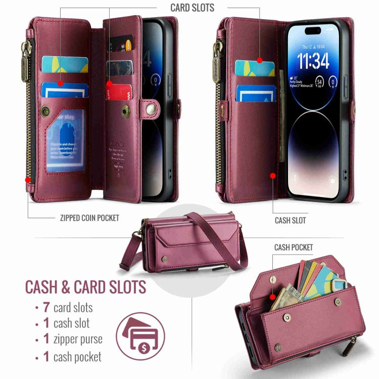 For iPhone 14 Pro CaseMe C36 Card Slots Zipper Wallet RFID Anti-theft Leather Phone Case(Wine Red)