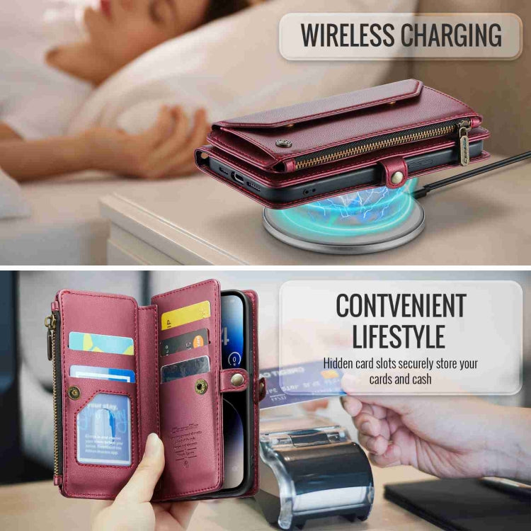 For iPhone 14 Pro CaseMe C36 Card Slots Zipper Wallet RFID Anti-theft Leather Phone Case(Wine Red)