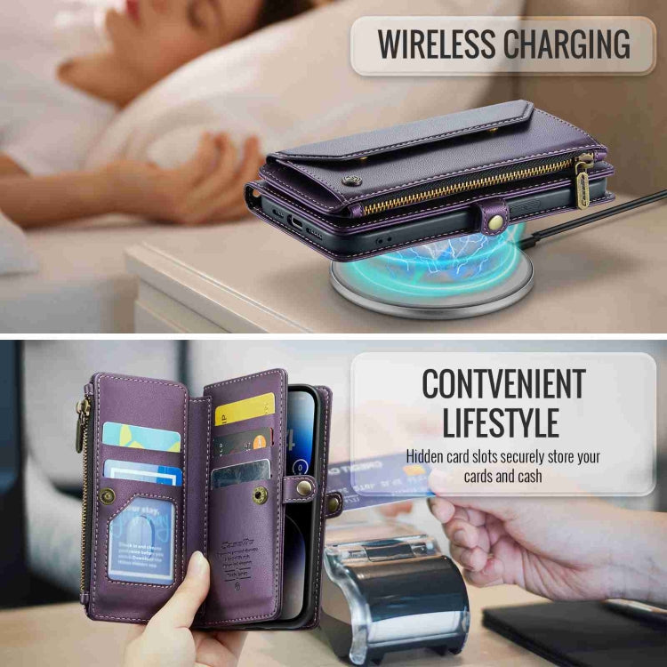 For iPhone 14 Pro Max CaseMe C36 Card Slots Zipper Wallet RFID Anti-theft Leather Phone Case(Purple)