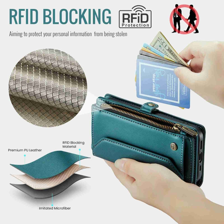 For iPhone 14 Pro Max CaseMe C36 Card Slots Zipper Wallet RFID Anti-theft Leather Phone Case(Blue-green)