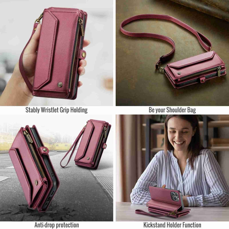 For iPhone 14 Pro Max CaseMe C36 Card Slots Zipper Wallet RFID Anti-theft Leather Phone Case(Wine Red)