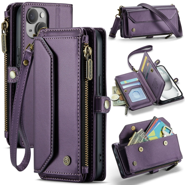 For iPhone 15 CaseMe C36 Card Slots Zipper Wallet RFID Anti-theft Leather Phone Case(Purple)