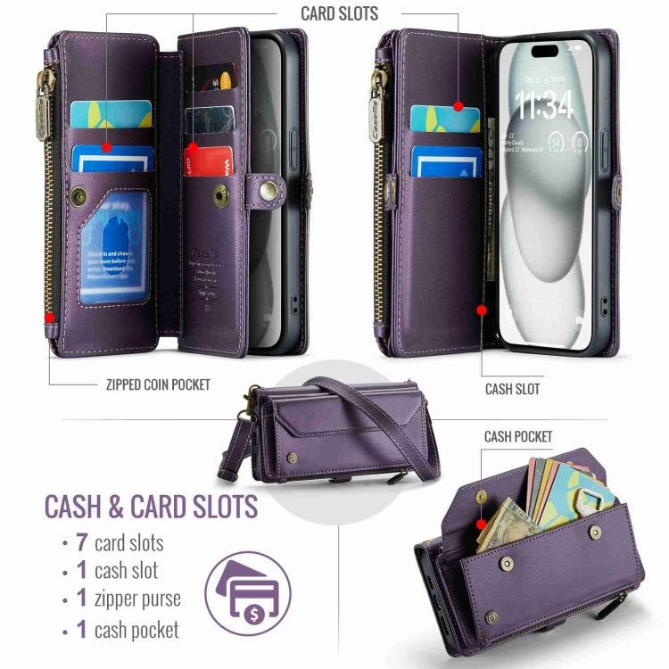 For iPhone 15 CaseMe C36 Card Slots Zipper Wallet RFID Anti-theft Leather Phone Case(Purple)