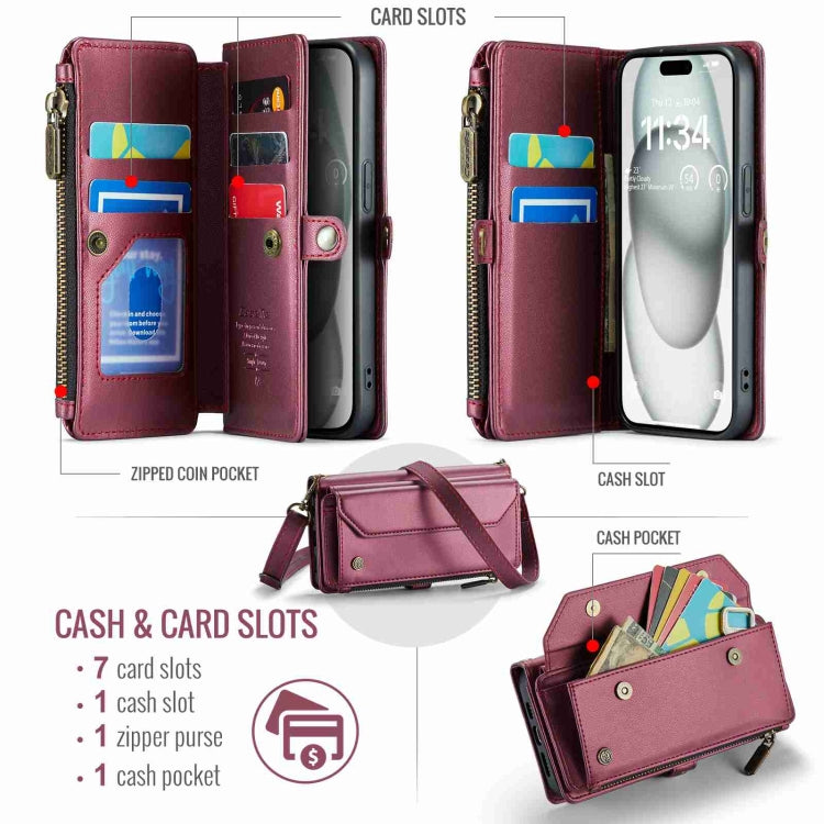 For iPhone 15 CaseMe C36 Card Slots Zipper Wallet RFID Anti-theft Leather Phone Case(Wine Red)