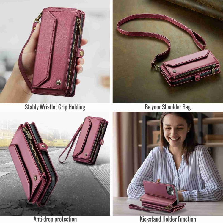 For iPhone 15 CaseMe C36 Card Slots Zipper Wallet RFID Anti-theft Leather Phone Case(Wine Red)