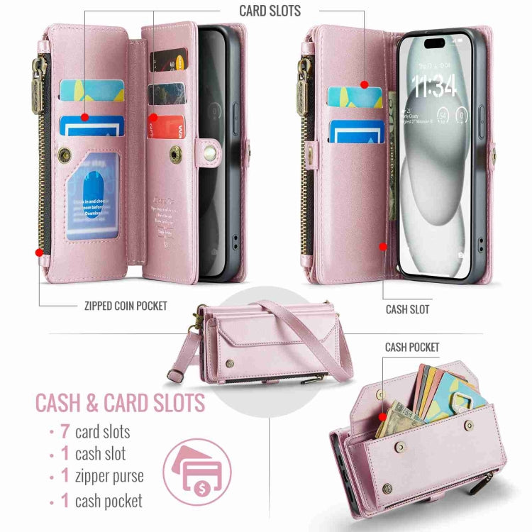 For iPhone 15 CaseMe C36 Card Slots Zipper Wallet RFID Anti-theft Leather Phone Case(Pink)