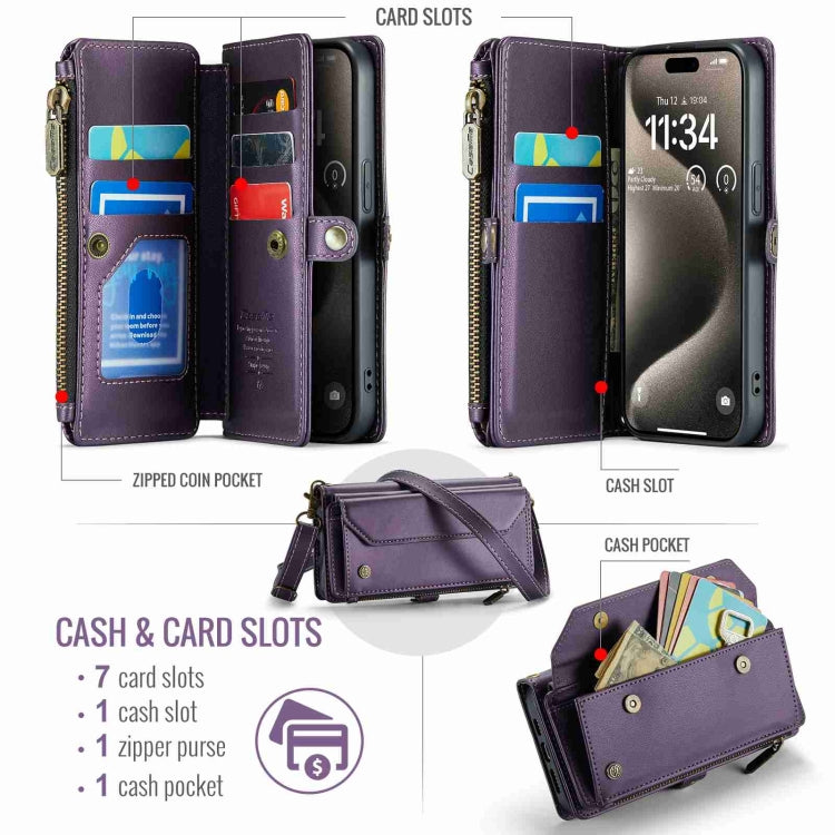 For iPhone 15 Pro CaseMe C36 Card Slots Zipper Wallet RFID Anti-theft Leather Phone Case(Purple)