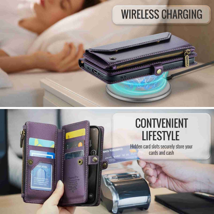 For iPhone 15 Pro CaseMe C36 Card Slots Zipper Wallet RFID Anti-theft Leather Phone Case(Purple)