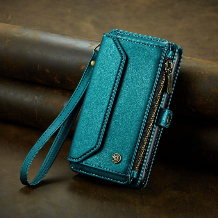 For iPhone 15 Pro CaseMe C36 Card Slots Zipper Wallet RFID Anti-theft Leather Phone Case(Blue-green)