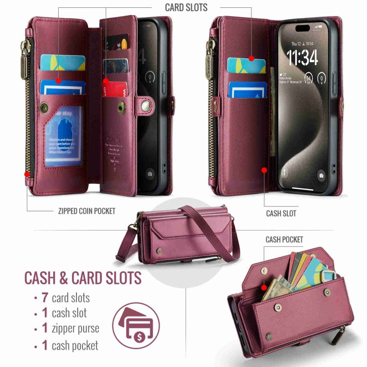 For iPhone 15 Pro CaseMe C36 Card Slots Zipper Wallet RFID Anti-theft Leather Phone Case(Wine Red)