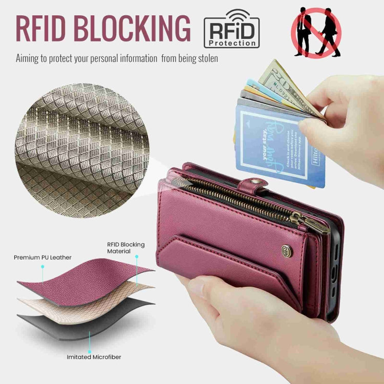 For iPhone 15 Pro CaseMe C36 Card Slots Zipper Wallet RFID Anti-theft Leather Phone Case(Wine Red)
