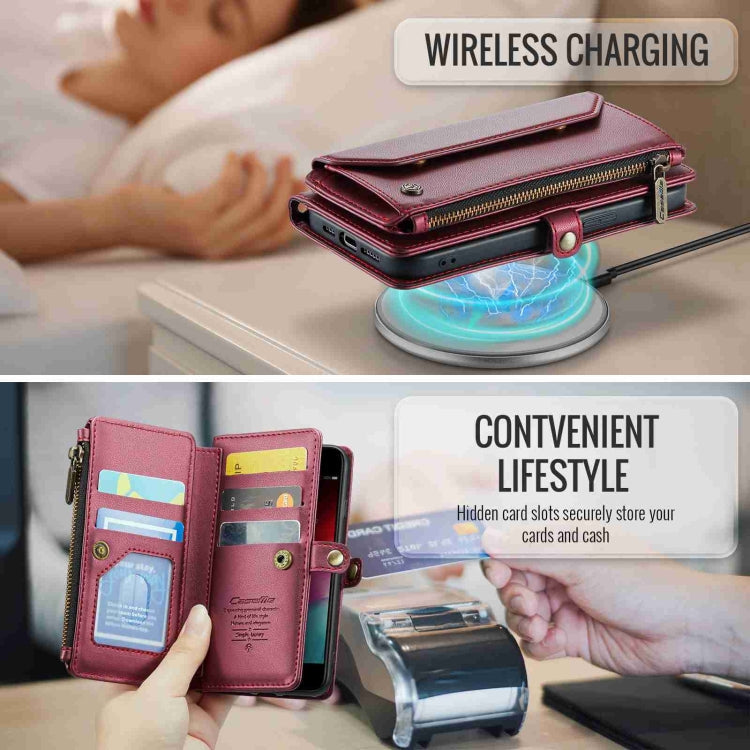 For iPhone SE 2022 / SE 2020 CaseMe C36 Card Slots Zipper Wallet RFID Anti-theft Leather Phone Case(Wine Red)