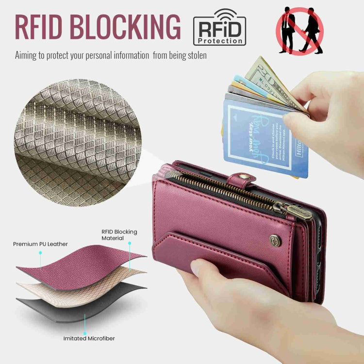 For iPhone SE 2022 / SE 2020 CaseMe C36 Card Slots Zipper Wallet RFID Anti-theft Leather Phone Case(Wine Red)