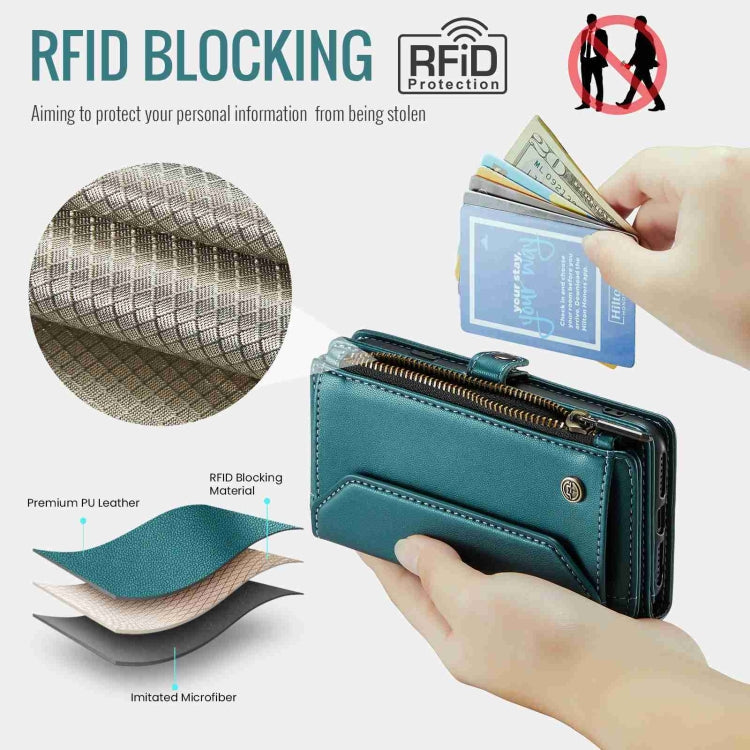 For iPhone 8 / 7 / 6 CaseMe C36 Card Slots Zipper Wallet RFID Anti-theft Leather Phone Case(Blue-green)
