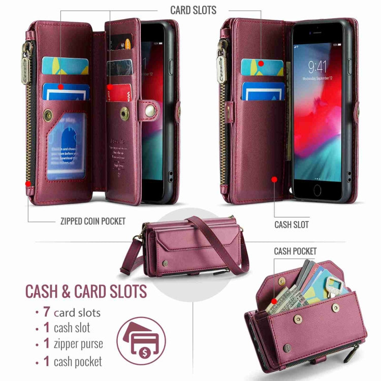 For iPhone 8 / 7 / 6 CaseMe C36 Card Slots Zipper Wallet RFID Anti-theft Leather Phone Case(Wine Red)