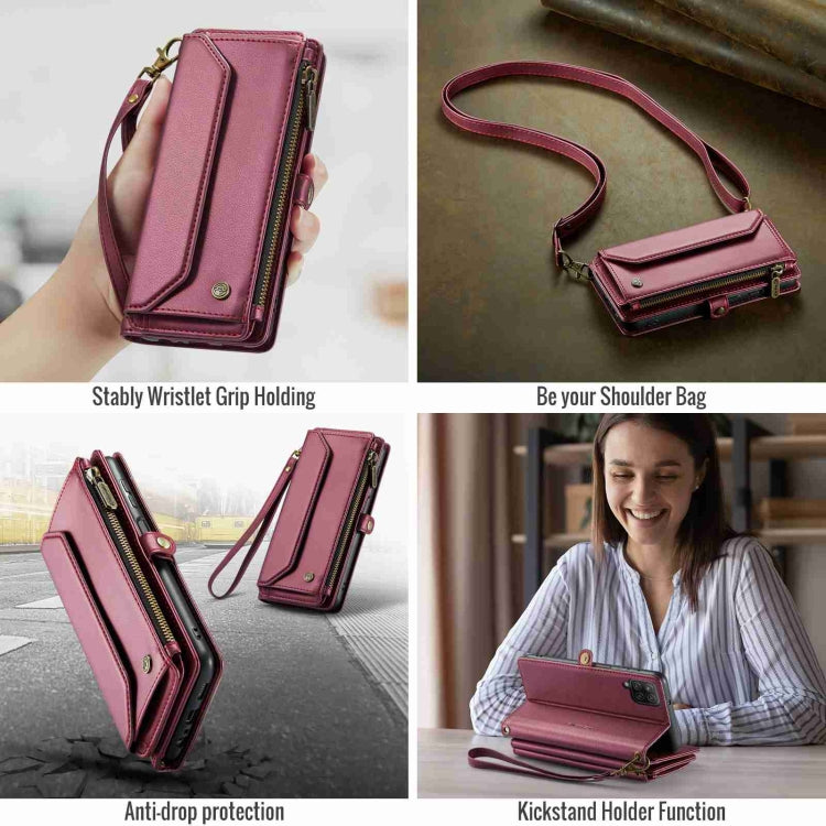 For Samsung Galaxy A12 5G CaseMe C36 Card Slots Zipper Wallet RFID Anti-theft Leather Phone Case(Wine Red)