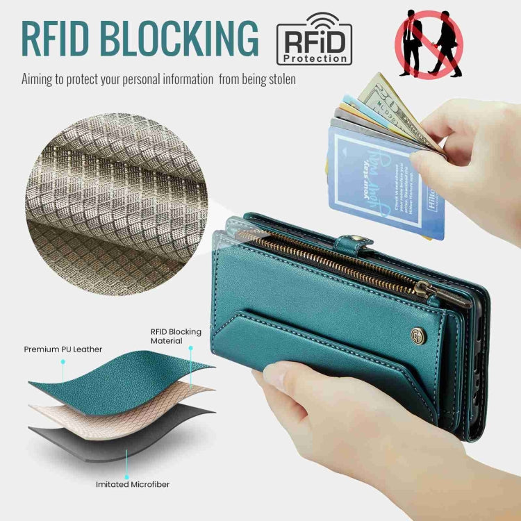 For Samsung Galaxy A23 CaseMe C36 Card Slots Zipper Wallet RFID Anti-theft Leather Phone Case(Blue-green)