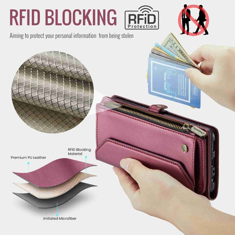For Samsung Galaxy A23 CaseMe C36 Card Slots Zipper Wallet RFID Anti-theft Leather Phone Case(Wine Red)