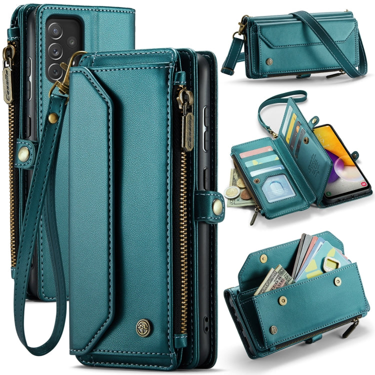 For Samsung Galaxy A72 CaseMe C36 Card Slots Zipper Wallet RFID Anti-theft Leather Phone Case(Blue-green)