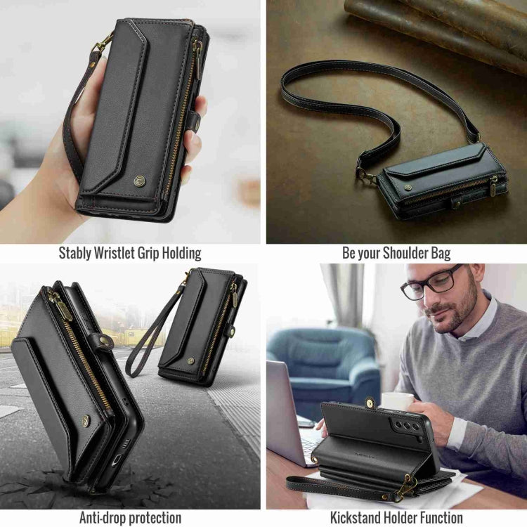 For Samsung Galaxy S21 FE 5G CaseMe C36 Card Slots Zipper Wallet RFID Anti-theft Leather Phone Case(Black)