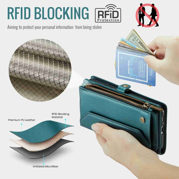 For Samsung Galaxy S21 Ultra 5G CaseMe C36 Card Slots Zipper Wallet RFID Anti-theft Leather Phone Case(Blue-green)
