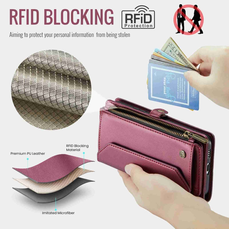 For Samsung Galaxy S21 Ultra 5G CaseMe C36 Card Slots Zipper Wallet RFID Anti-theft Leather Phone Case(Wine Red)