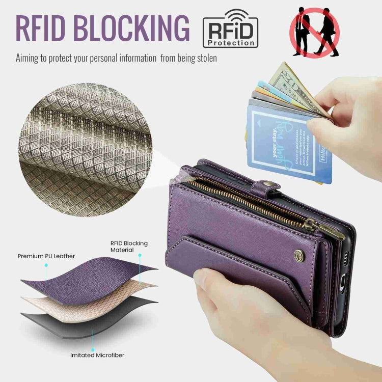 For Samsung Galaxy S21 5G CaseMe C36 Card Slots Zipper Wallet RFID Anti-theft Leather Phone Case(Purple)