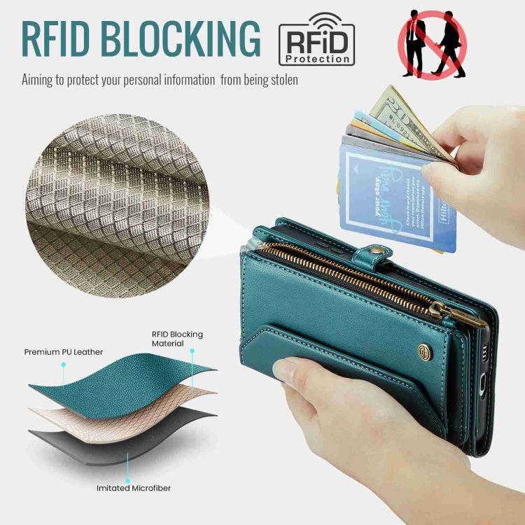 For Samsung Galaxy S21 5G CaseMe C36 Card Slots Zipper Wallet RFID Anti-theft Leather Phone Case(Blue-green)
