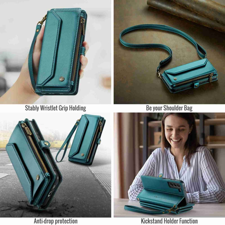 For Samsung Galaxy S21 5G CaseMe C36 Card Slots Zipper Wallet RFID Anti-theft Leather Phone Case(Blue-green)