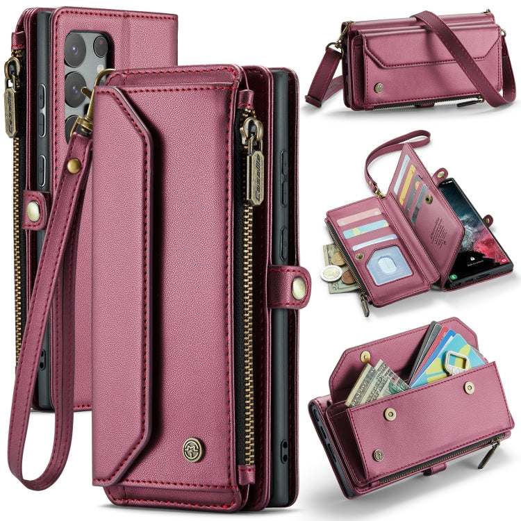 For Samsung Galaxy S22 Ultra 5G CaseMe C36 Card Slots Zipper Wallet RFID Anti-theft Leather Phone Case(Wine Red)
