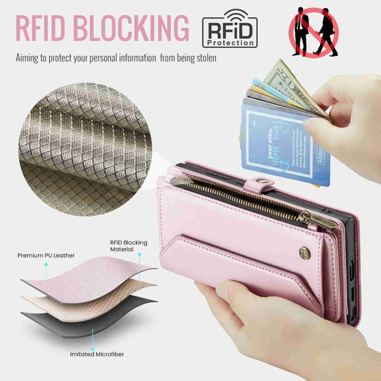 For Samsung Galaxy S22 Ultra 5G CaseMe C36 Card Slots Zipper Wallet RFID Anti-theft Leather Phone Case(Pink)