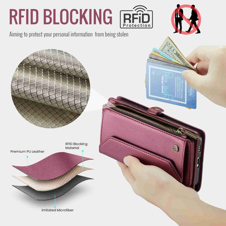 For Samsung Galaxy S22 5G CaseMe C36 Card Slots Zipper Wallet RFID Anti-theft Leather Phone Case(Wine Red)